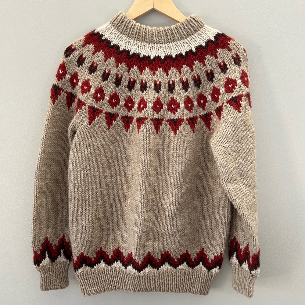 HAND KNIT Wool Fair Isle Oatmeal Nordic Chunky Knit Crew Neck Sweater - Picture 2 of 6